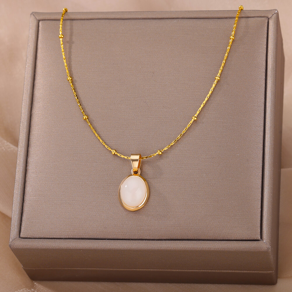 Fashion Stone Opal Oval Neckla - Birth Flower Necklace 评论和价格